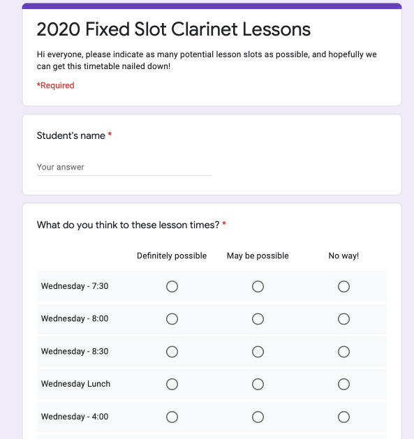 Image of Google forms, formatted for students to pick available times for their clarinet lessons